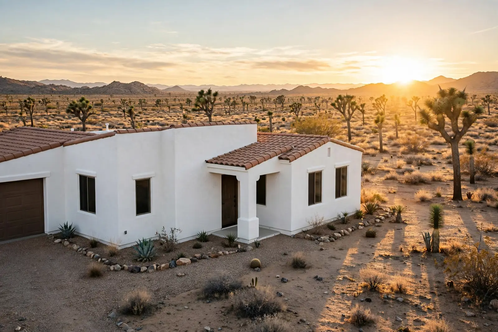 A stucco home in the High Desert at sunrise, Joshua trees and open desert behind it