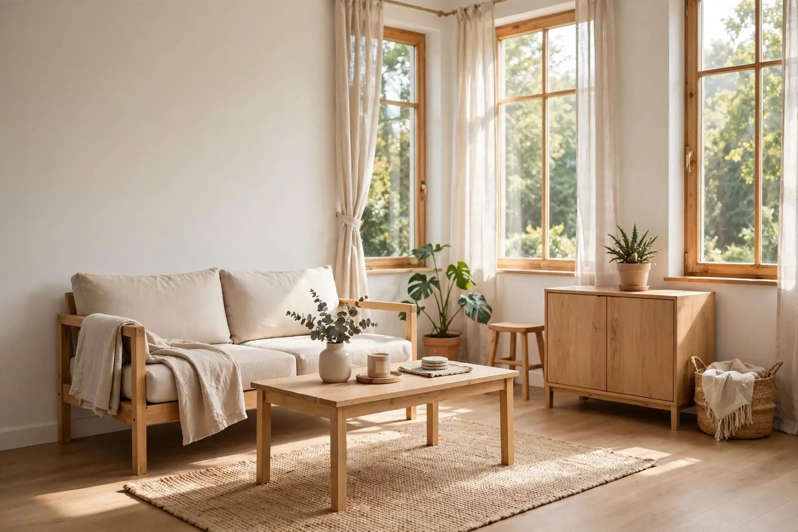 A bright freshly repaired living room in morning light
