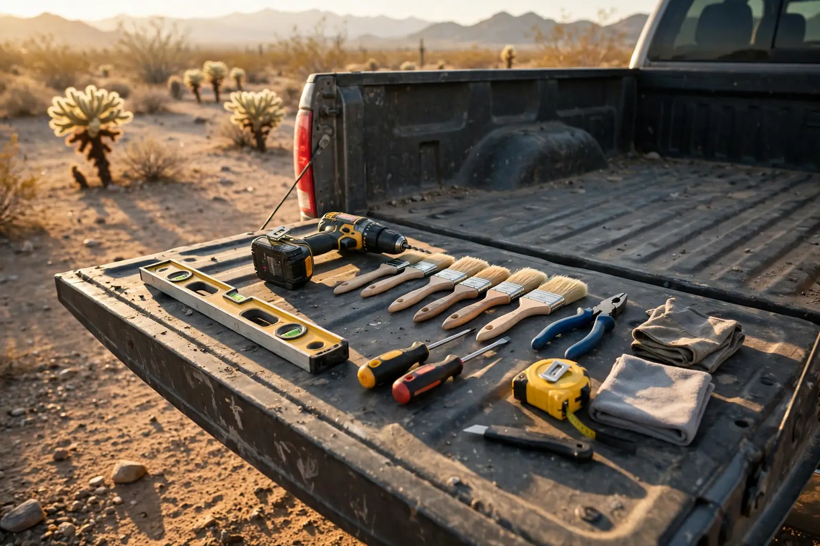Hand tools laid out on a truck tailgate in the desert at morning light